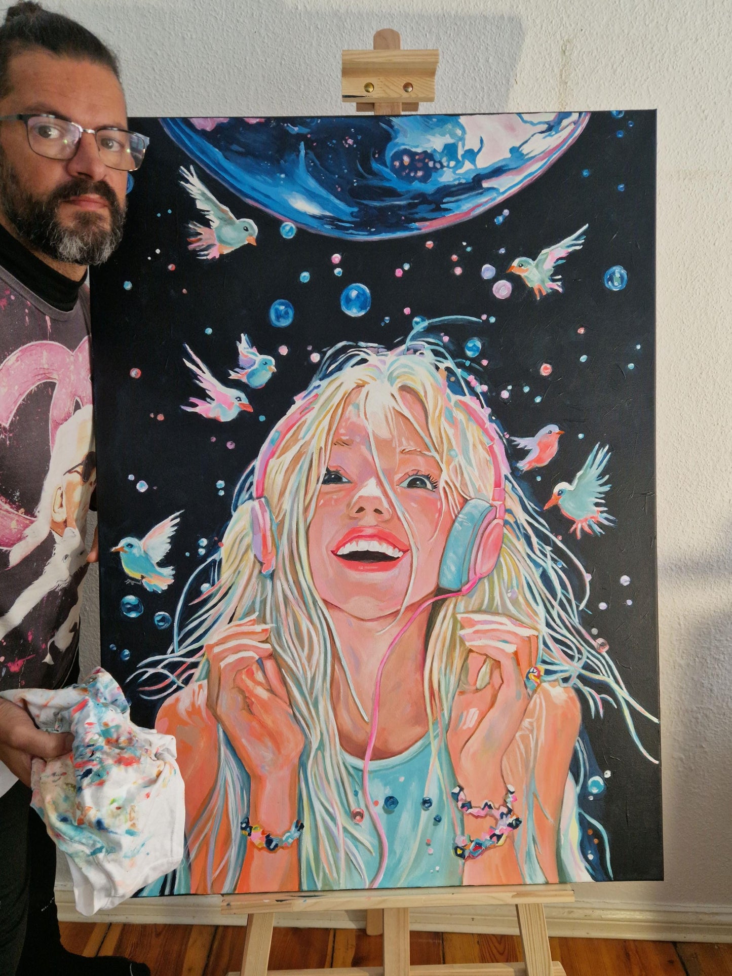 Original Acrylic Painting - Cosmic Girl with Headphones - Music & Fantasy Art - Boho Wall Decor - Celestial Dreamy Artwork