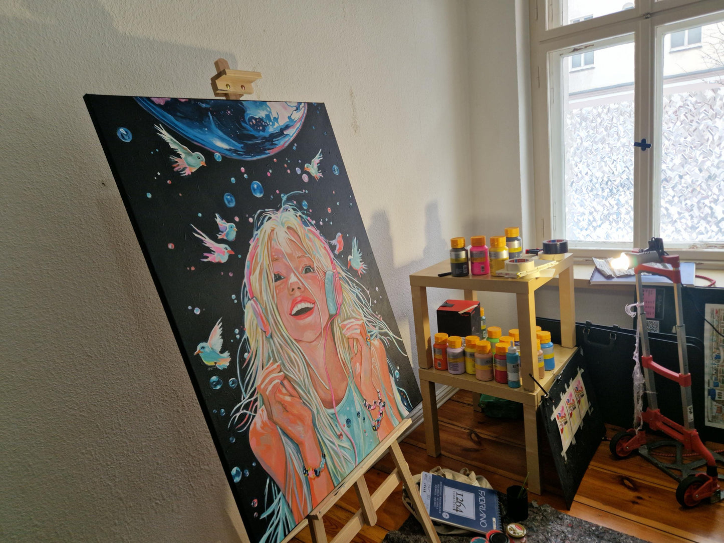 Original Acrylic Painting - Cosmic Girl with Headphones - Music & Fantasy Art - Boho Wall Decor - Celestial Dreamy Artwork
