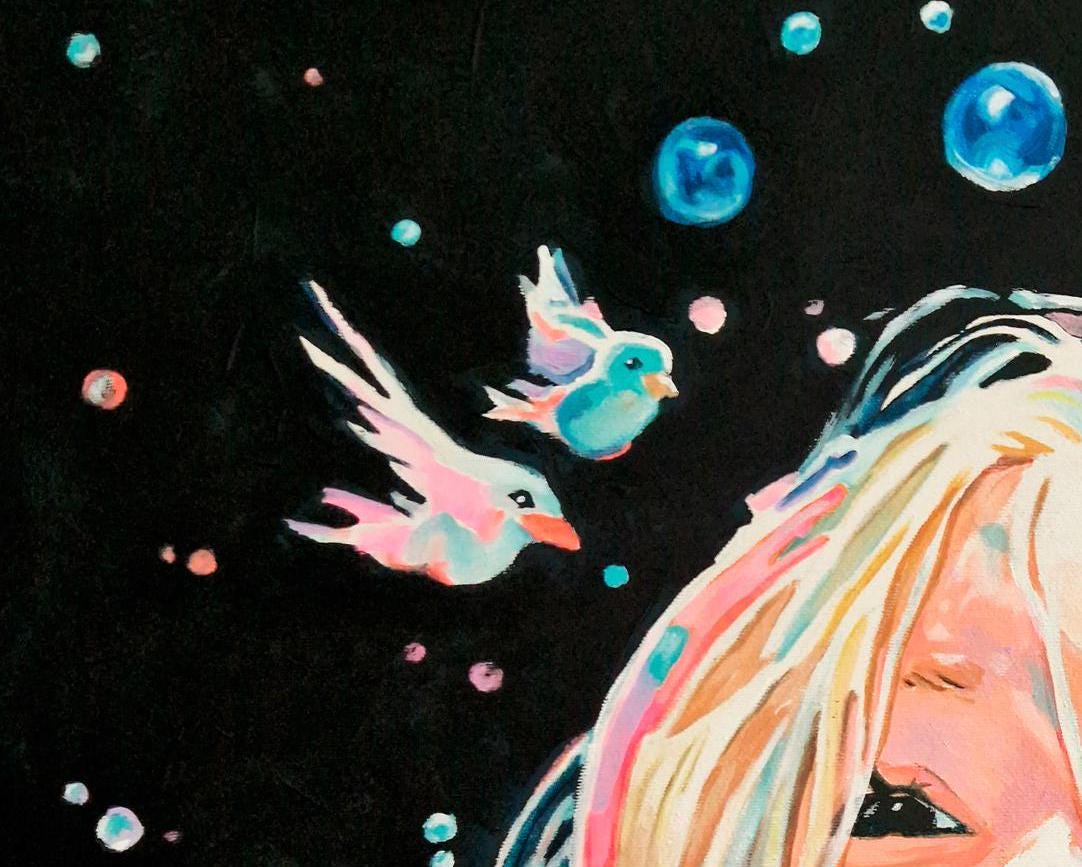 Acrylic Painting - Cosmic Girl with Headphones - Music & Fantasy Art - Boho Wall Decor - Celestial Dreamy giclee Artprints