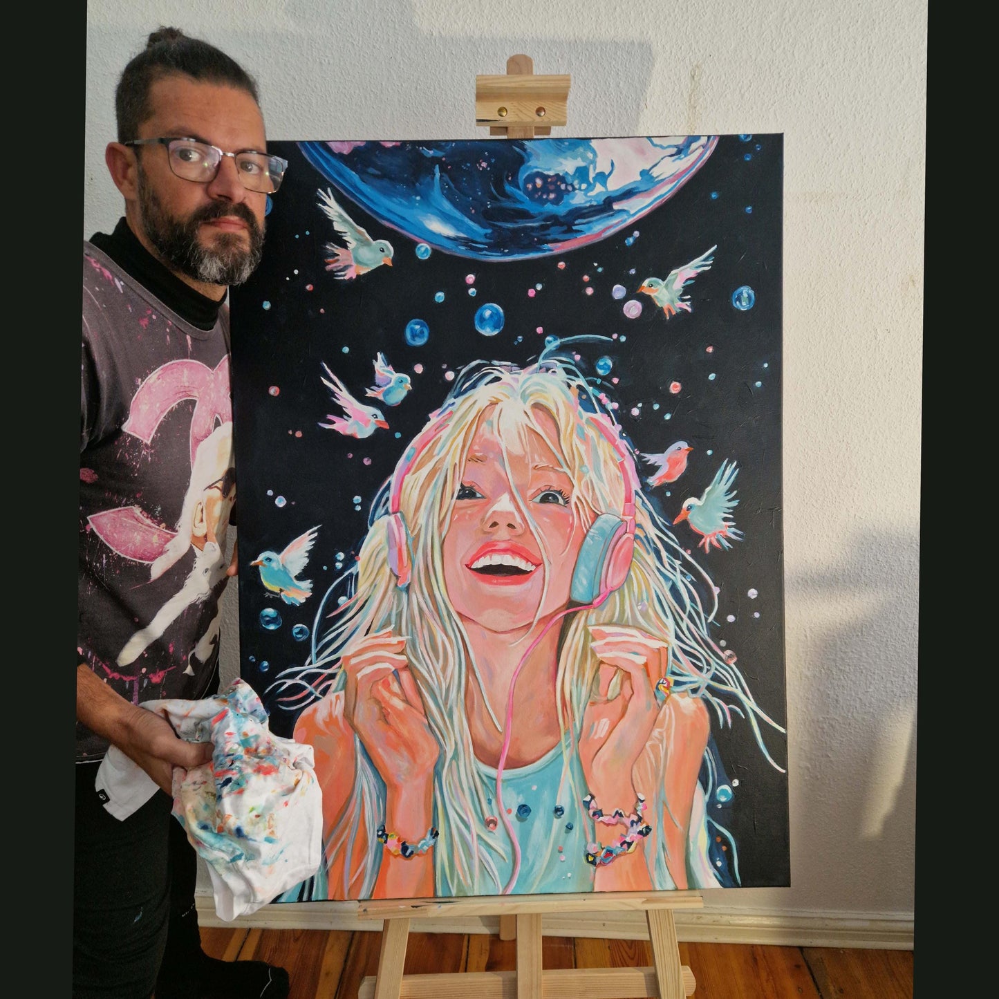 Acrylic Painting - Cosmic Girl with Headphones - Music & Fantasy Art - Boho Wall Decor - Celestial Dreamy giclee Artprints