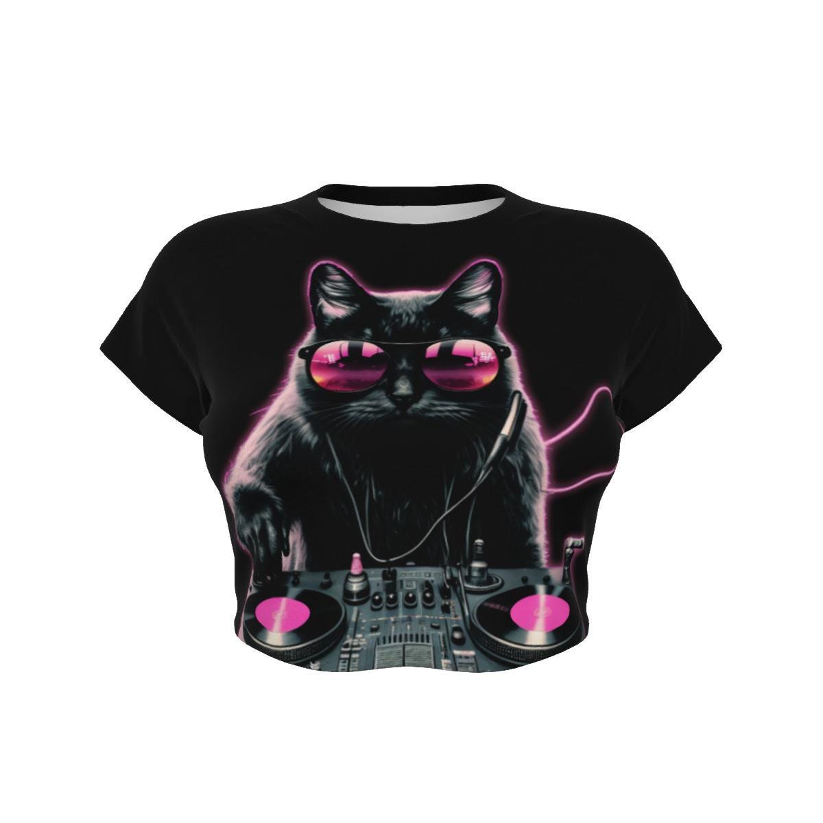 Techno Cat Cropped Raglan Shirt - DJ Design Tee - Music Festival Clothing - DJ Gift - Cat Lover T-Shirt