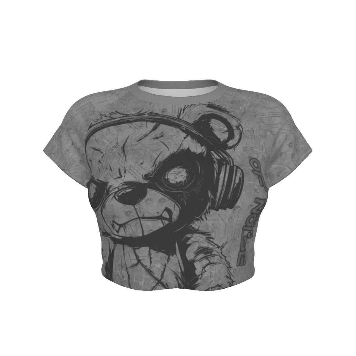 Minimal Black and Grey Cropped Raglan T-Shirt - Techno Bear Print - Trendy Top - Contemporary Clothing - Gift Idea