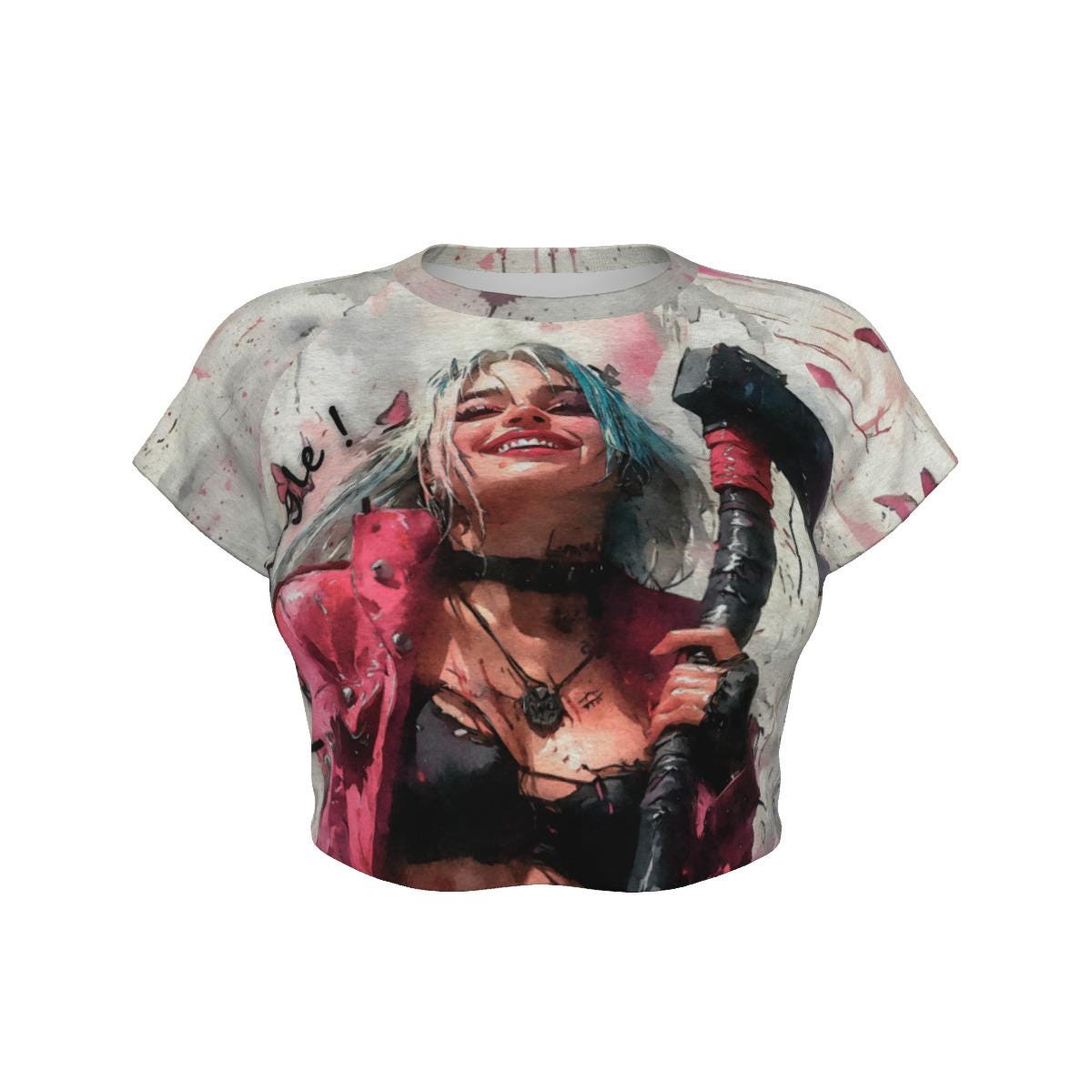 Crazy Girl With Axe Graphic - Cropped Raglan T-Shirt - Phsyco Inspired - Fun Festival Outfit - Unique