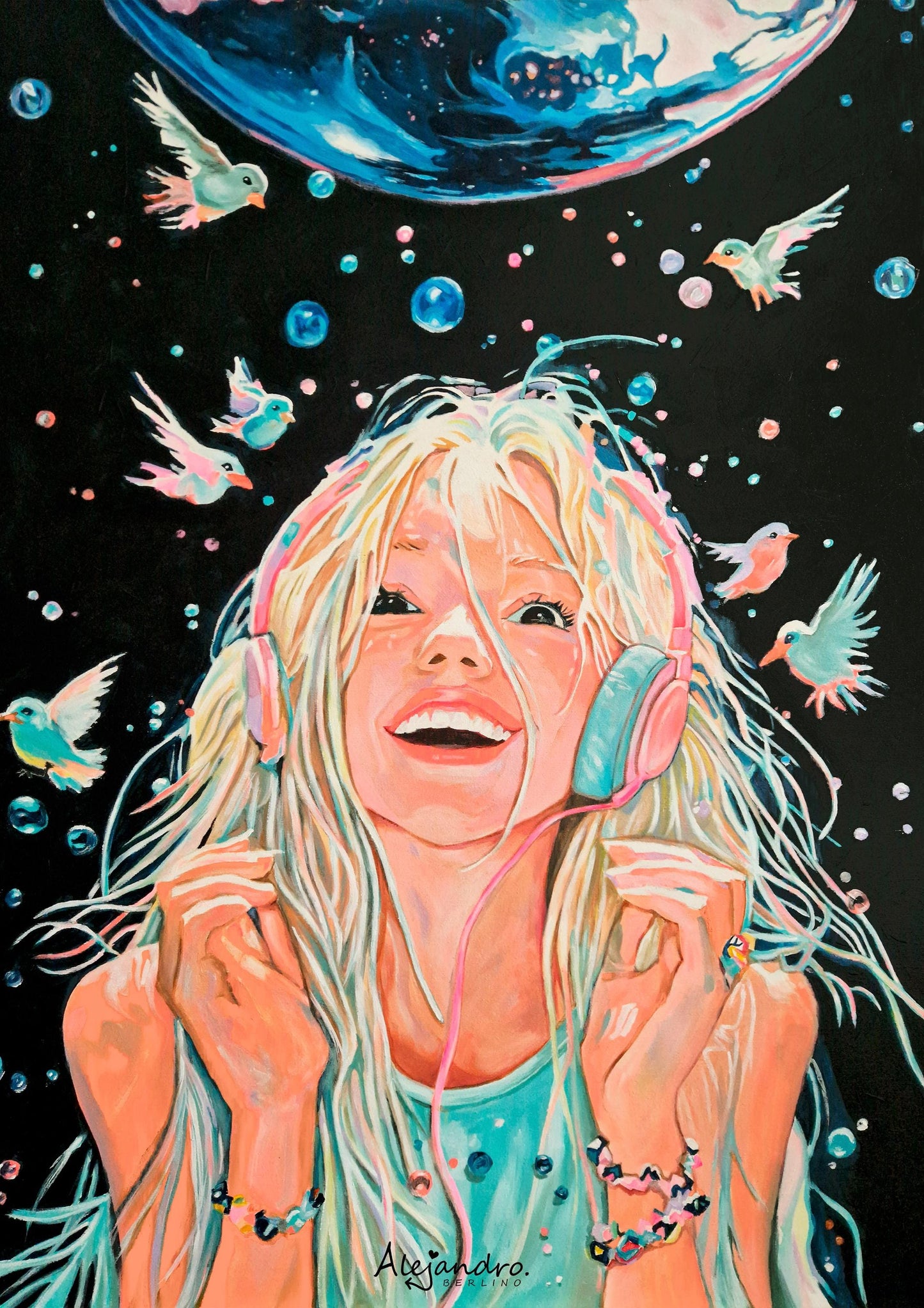Acrylic Painting - Cosmic Girl with Headphones - Music & Fantasy Art - Boho Wall Decor - Celestial Dreamy giclee Artprints