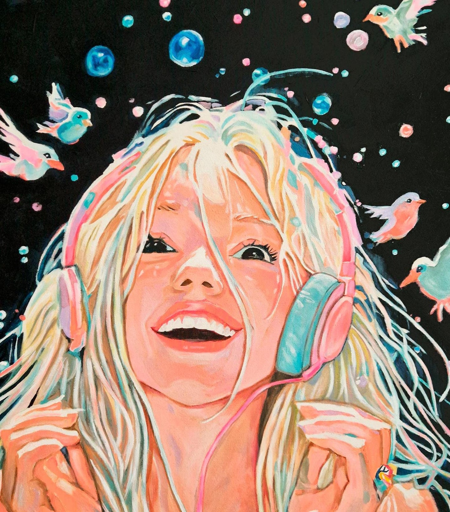 Acrylic Painting - Cosmic Girl with Headphones - Music & Fantasy Art - Boho Wall Decor - Celestial Dreamy giclee Artprints