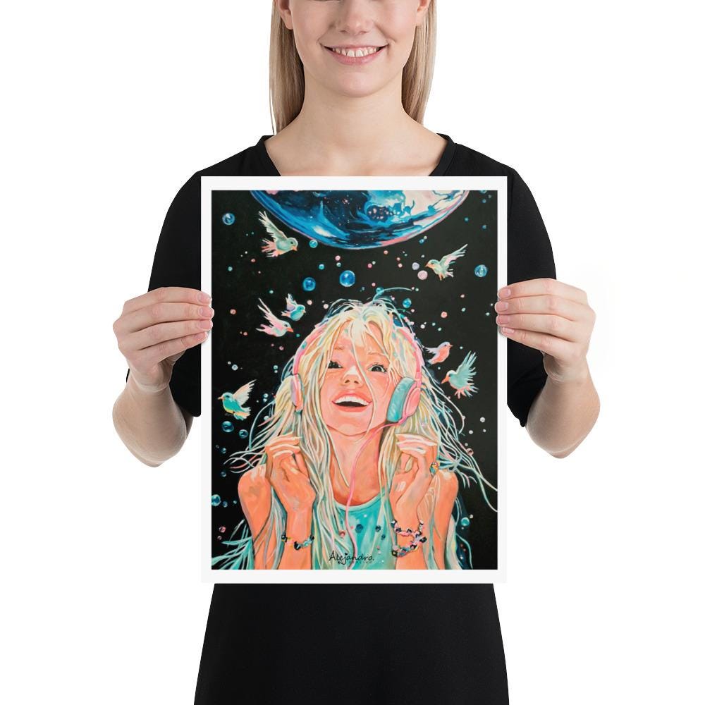 Acrylic Painting - Cosmic Girl with Headphones - Music & Fantasy Art - Boho Wall Decor - Celestial Dreamy giclee Artprints