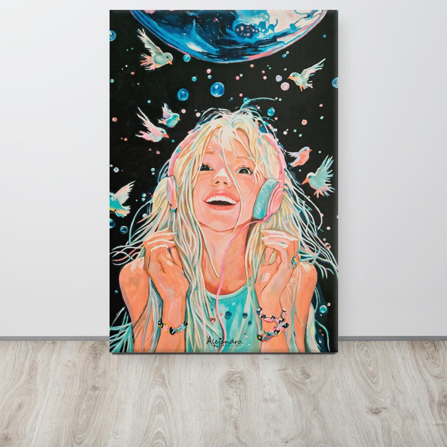 Acrylic Painting - Cosmic Girl with Headphones - Music & Fantasy Art - Boho Wall Decor - Celestial Dreamy giclee Artprints