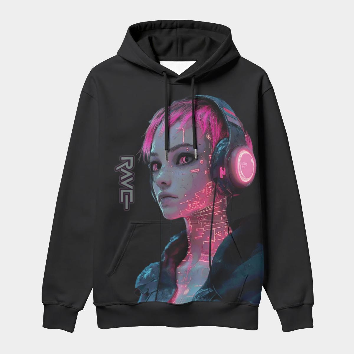 Cyberpunk Girl Pullover Hoodie - Techno Rave Hoodie - Festival Outfit - Berlin Clubbing - Headphones Design