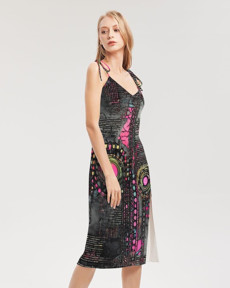 Ladies Tie Strap Split Dress, Trendy Streetwear, Cyberpunk Rave Fashion, Evening Wear, Party Dress