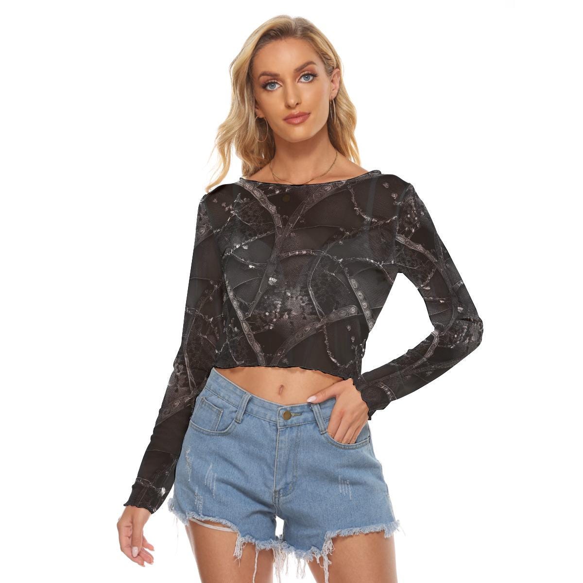 Black Mesh Long Sleeve Tee -Cyberpunk Fashion - Festival Rave - Stylish Black Mesh Top