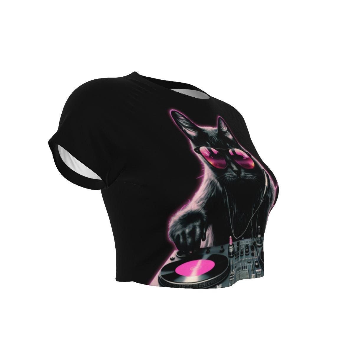 Techno Cat Cropped Raglan Shirt - DJ Design Tee - Music Festival Clothing - DJ Gift - Cat Lover T-Shirt