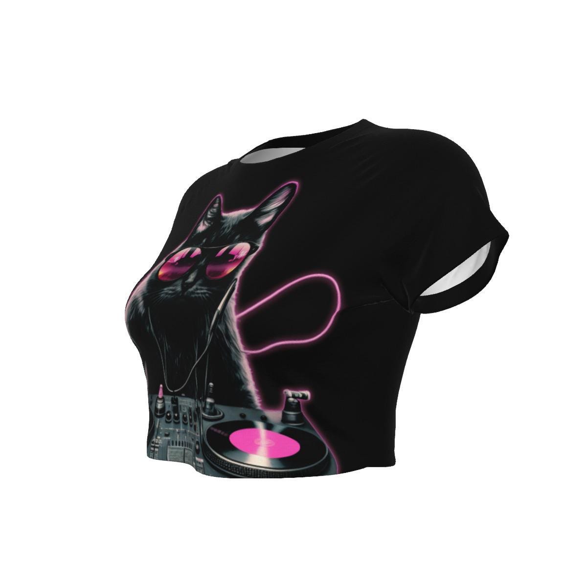 Techno Cat Cropped Raglan Shirt - DJ Design Tee - Music Festival Clothing - DJ Gift - Cat Lover T-Shirt