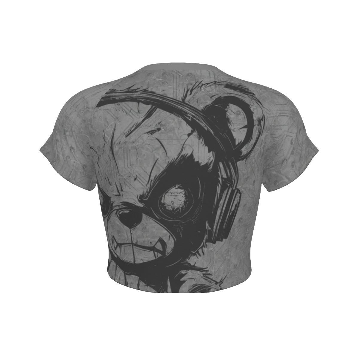 Minimal Black and Grey Cropped Raglan T-Shirt - Techno Bear Print - Trendy Top - Contemporary Clothing - Gift Idea