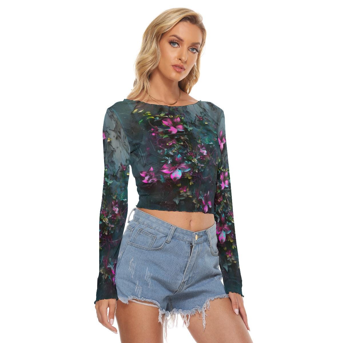 Black Mesh Long Sleeve Tee - Minimal Techno Fashion - Festival Rave - Stylish Black Mesh Top