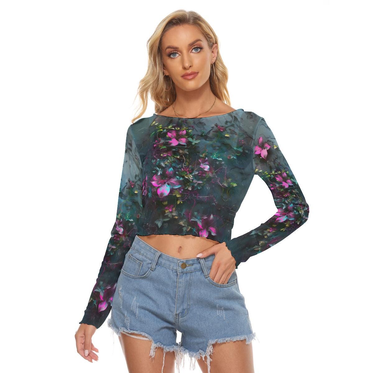 Black Mesh Long Sleeve Tee - Minimal Techno Fashion - Festival Rave - Stylish Black Mesh Top