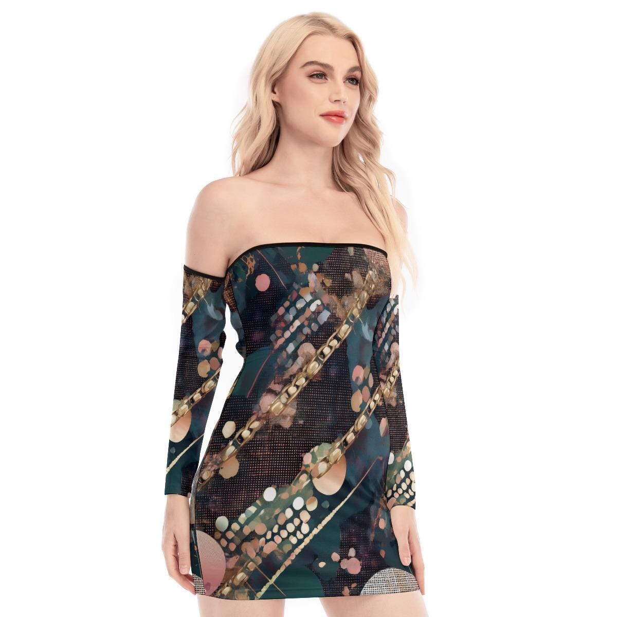 Off-shoulder Dress, Streetwear for Women, Bright & Colorful Design, Fashion, Wedding Guest Dress, Vacation Attire, rave wear