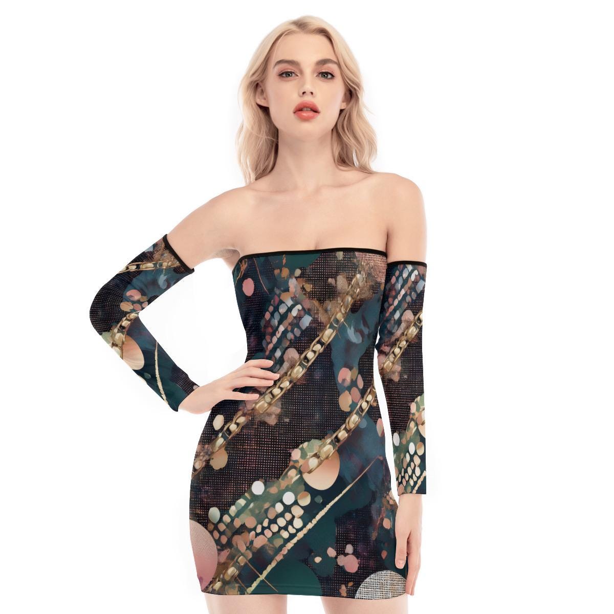 Off-shoulder Dress, Streetwear for Women, Bright & Colorful Design, Fashion, Wedding Guest Dress, Vacation Attire, rave wear