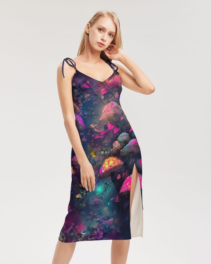 Mushroom Fantasy Forest Psy Trance Dress, Tie Strap Split Dress, Trendy Streetwear, Cyberpunk Rave Fashion, Evening Party Wear