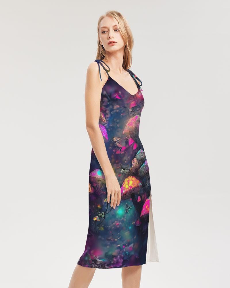 Mushroom Fantasy Forest Psy Trance Dress, Tie Strap Split Dress, Trendy Streetwear, Cyberpunk Rave Fashion, Evening Party Wear
