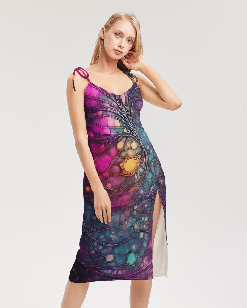 Psy Trance Abstract Dream Dress, Tie Strap Split Dress, Trendy Streetwear, Cyberpunk Rave Fashion, Evening Party Wear