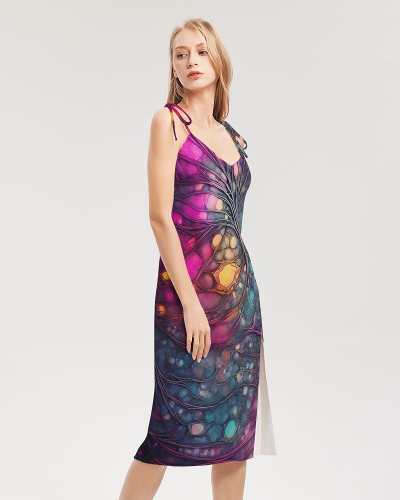 Psy Trance Abstract Dream Dress, Tie Strap Split Dress, Trendy Streetwear, Cyberpunk Rave Fashion, Evening Party Wear