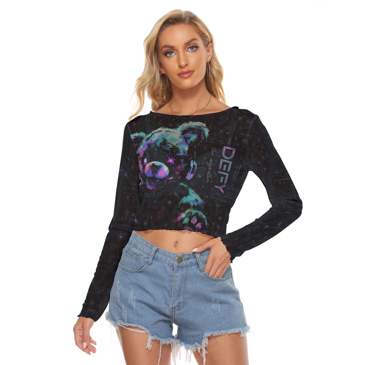 Black Mesh DJ Shirt - Techno Bear Long Sleeve Tee - Music Festival Outfit - EDM Clothing - Gift for Her - Party Wear