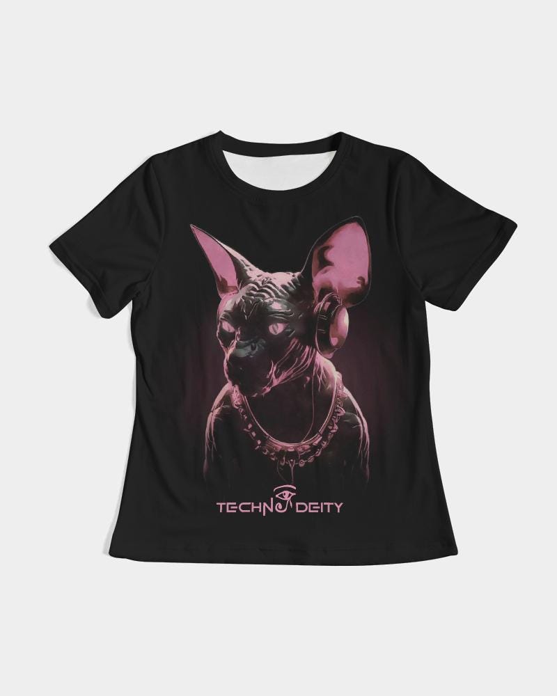 Techno Sphynx Cat T-Shirt for Women - Rave Festival Cotton Tee - Cyberpunk DJ Graphic Shirt - Music Lover Gift