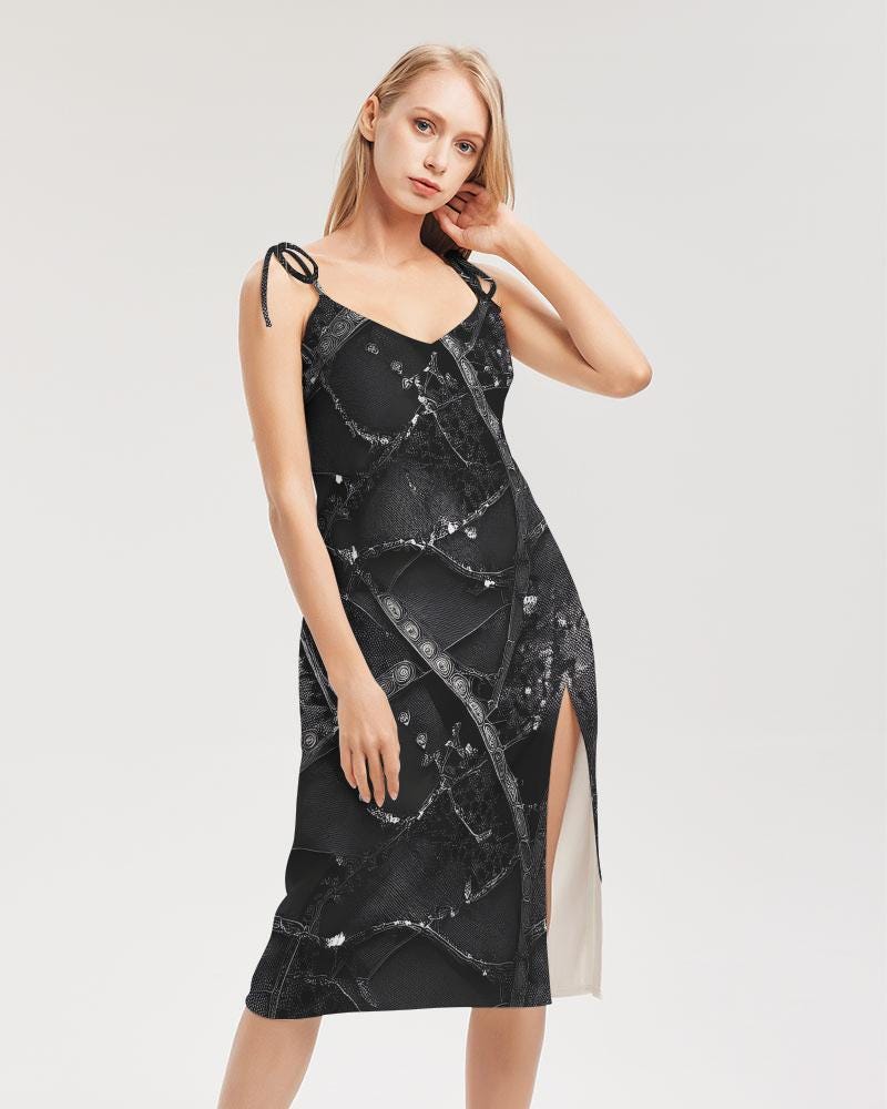 Womens Strap Split Dress, Dark Black Gothic Fashion, Minimal Techno Clubbing Dress, Unique Design Dress