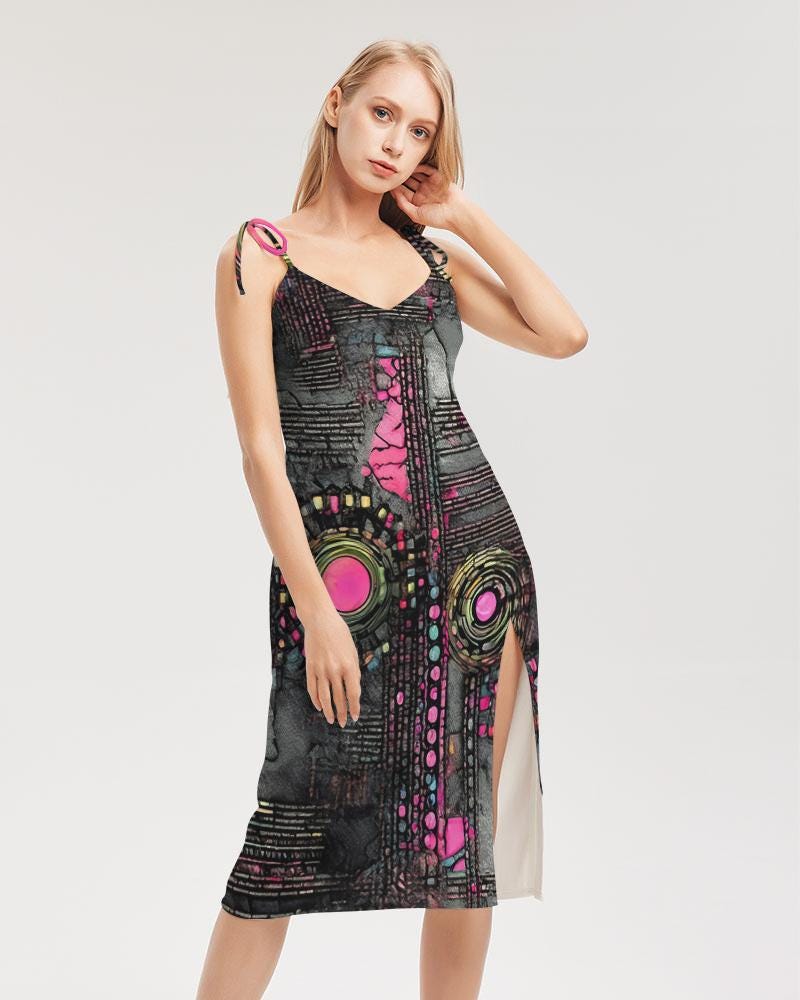 Ladies Tie Strap Split Dress, Trendy Streetwear, Cyberpunk Rave Fashion, Evening Wear, Party Dress