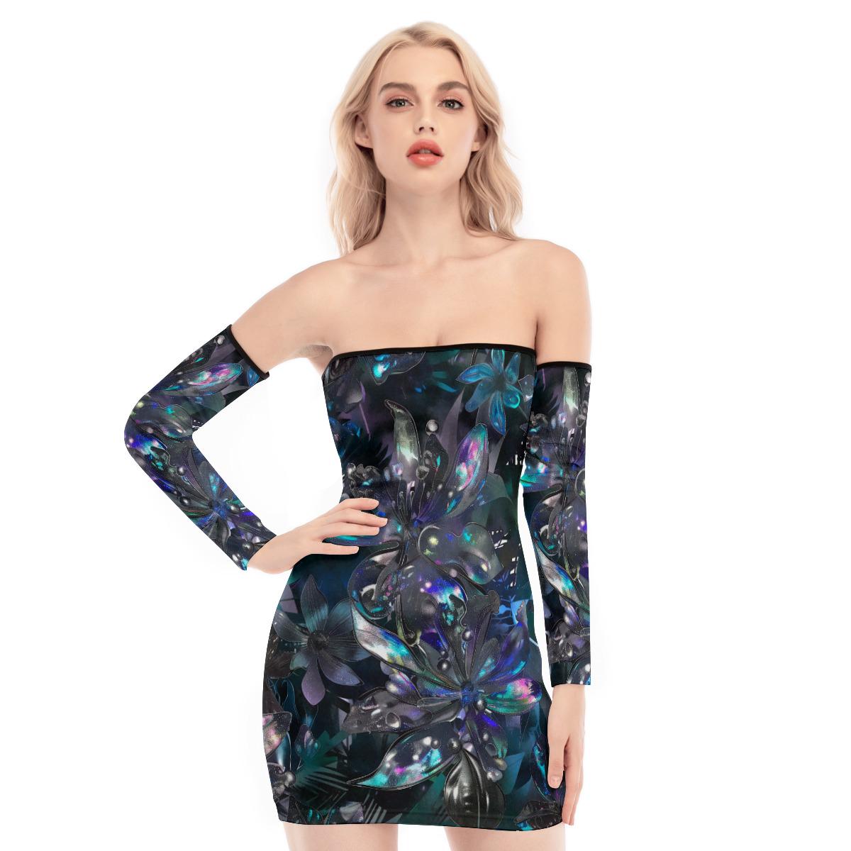 Cyber Floral Lace-Up Back Rave Dress – Off-Shoulder Metallic Mesh Bodycon – Techwear Festival Club Outfit for Women