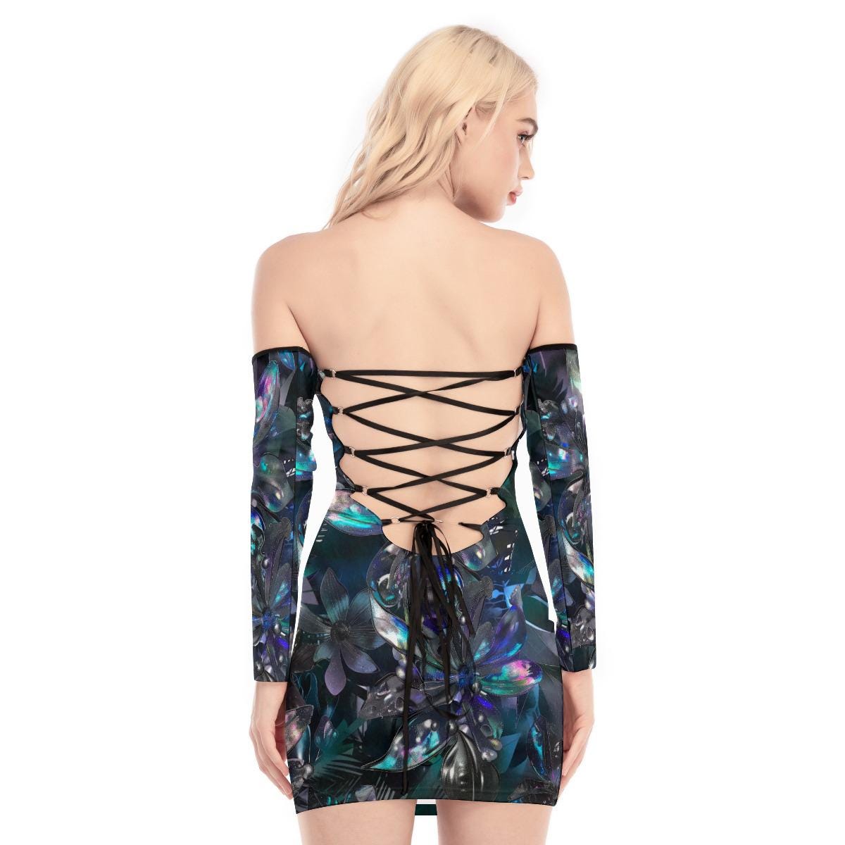 Cyber Floral Lace-Up Back Rave Dress – Off-Shoulder Metallic Mesh Bodycon – Techwear Festival Club Outfit for Women