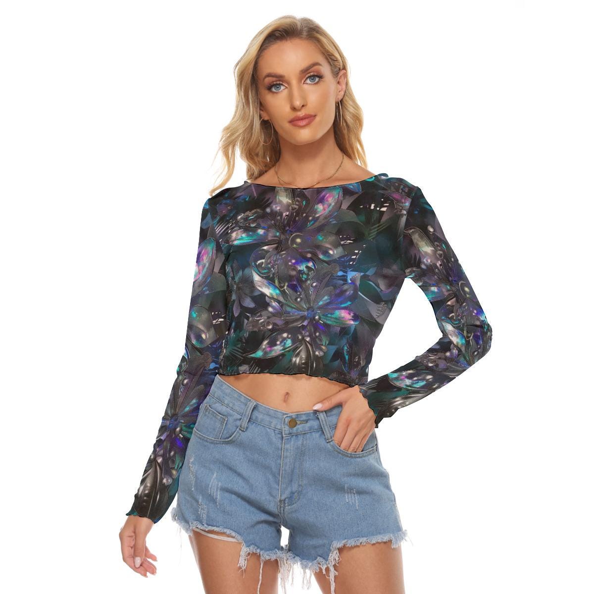 Cyber Floral Mesh Crop Top β Dark Techno Bloom Long Sleeve β Ravewear Festival Shirt