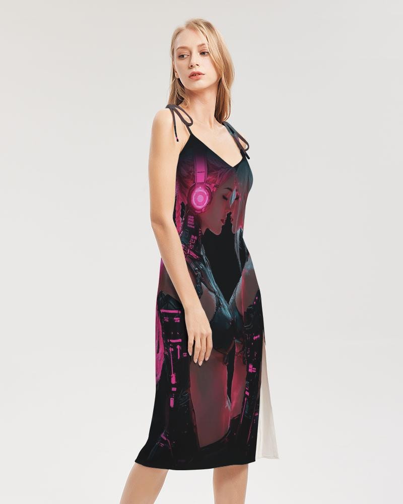 Ladies Tie Strap Split Dress, Trendy Streetwear, Cyberpunk Kiss Rave Fashion, Evening Wear, Party Dress