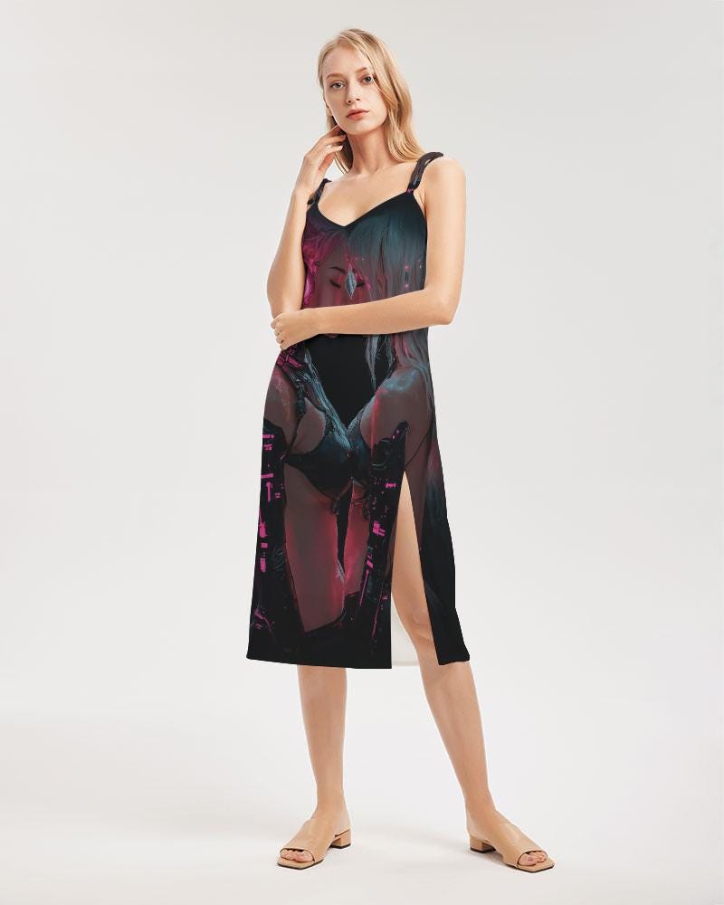 Ladies Tie Strap Split Dress, Trendy Streetwear, Cyberpunk Kiss Rave Fashion, Evening Wear, Party Dress
