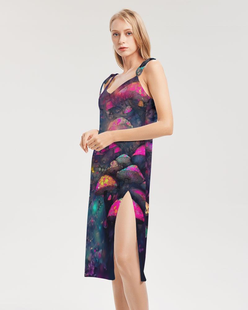 Mushroom Fantasy Forest Psy Trance Dress, Tie Strap Split Dress, Trendy Streetwear, Cyberpunk Rave Fashion, Evening Party Wear