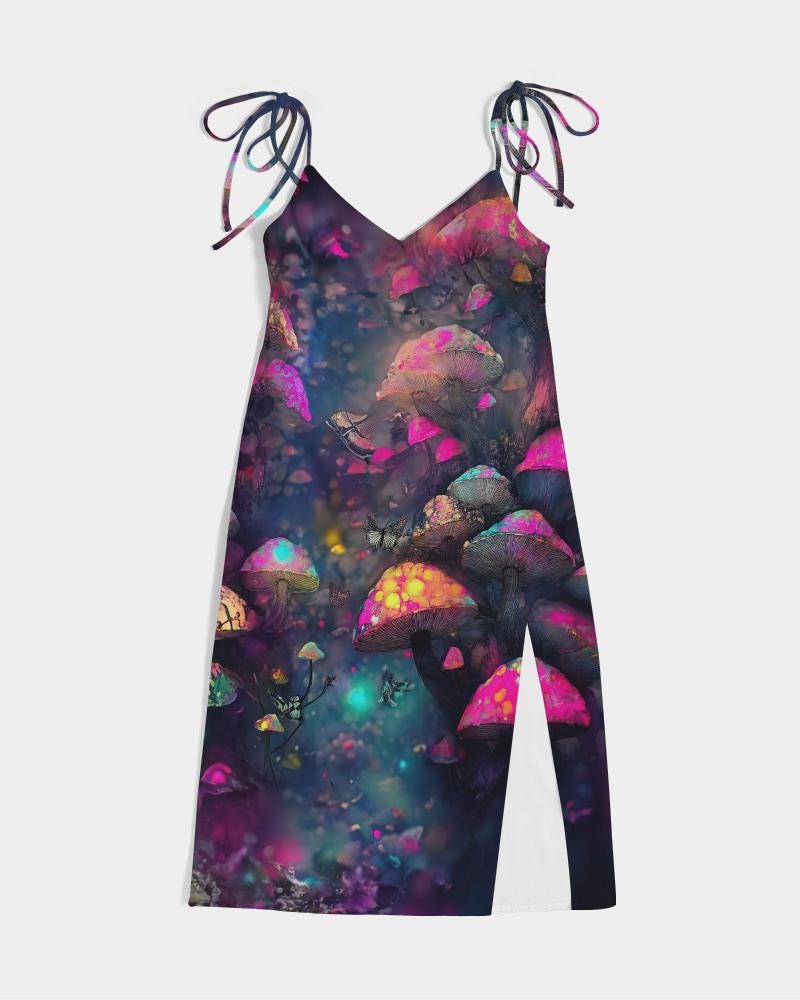 Mushroom Fantasy Forest Psy Trance Dress, Tie Strap Split Dress, Trendy Streetwear, Cyberpunk Rave Fashion, Evening Party Wear