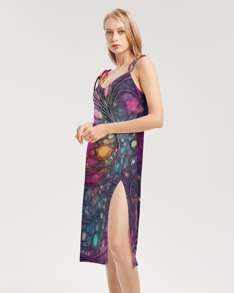 Psy Trance Abstract Dream Dress, Tie Strap Split Dress, Trendy Streetwear, Cyberpunk Rave Fashion, Evening Party Wear