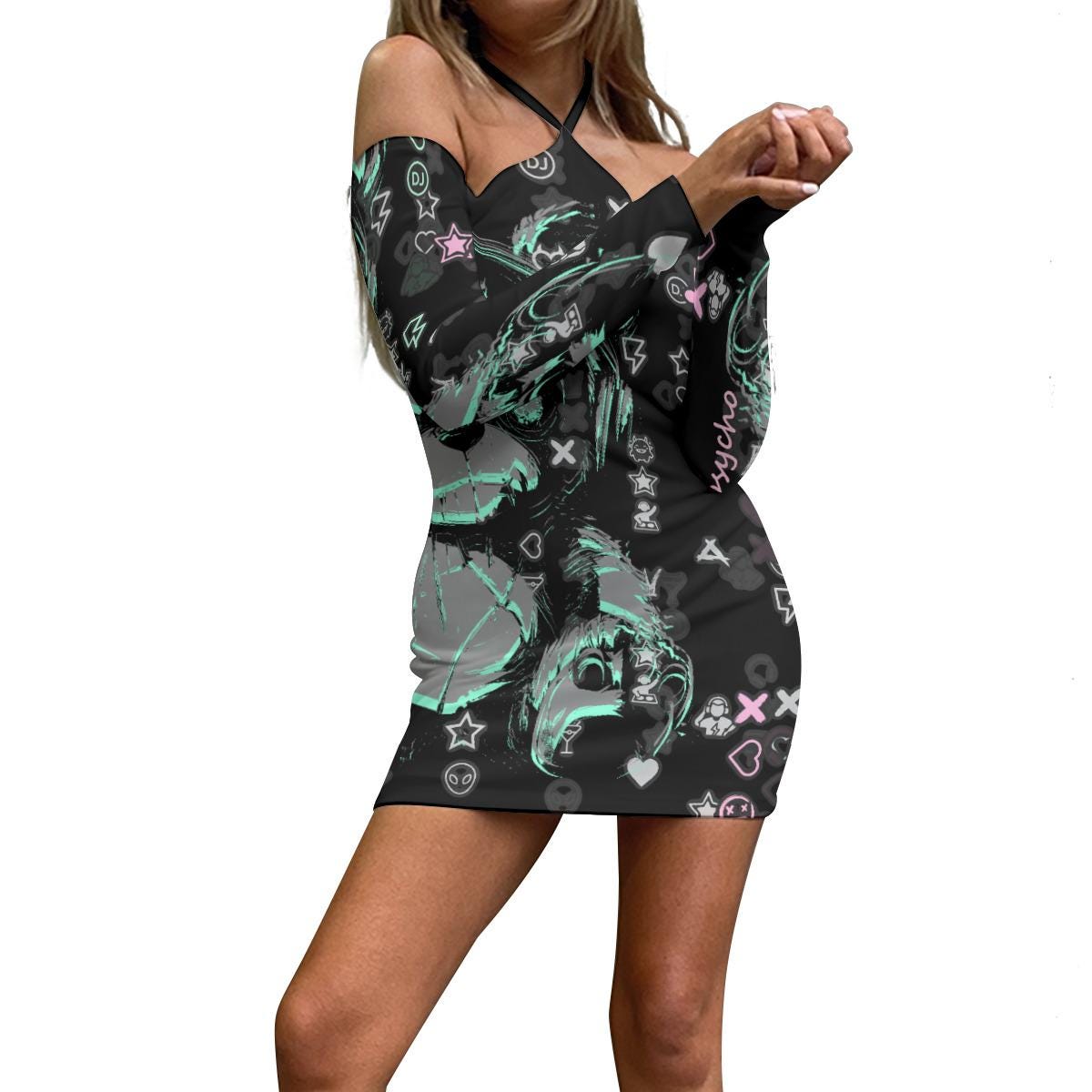 Women's Halter Lace-Up Dress -Matrix Bear - Techno Fashion - Party Outfit - Night Out Dress - Dancewear