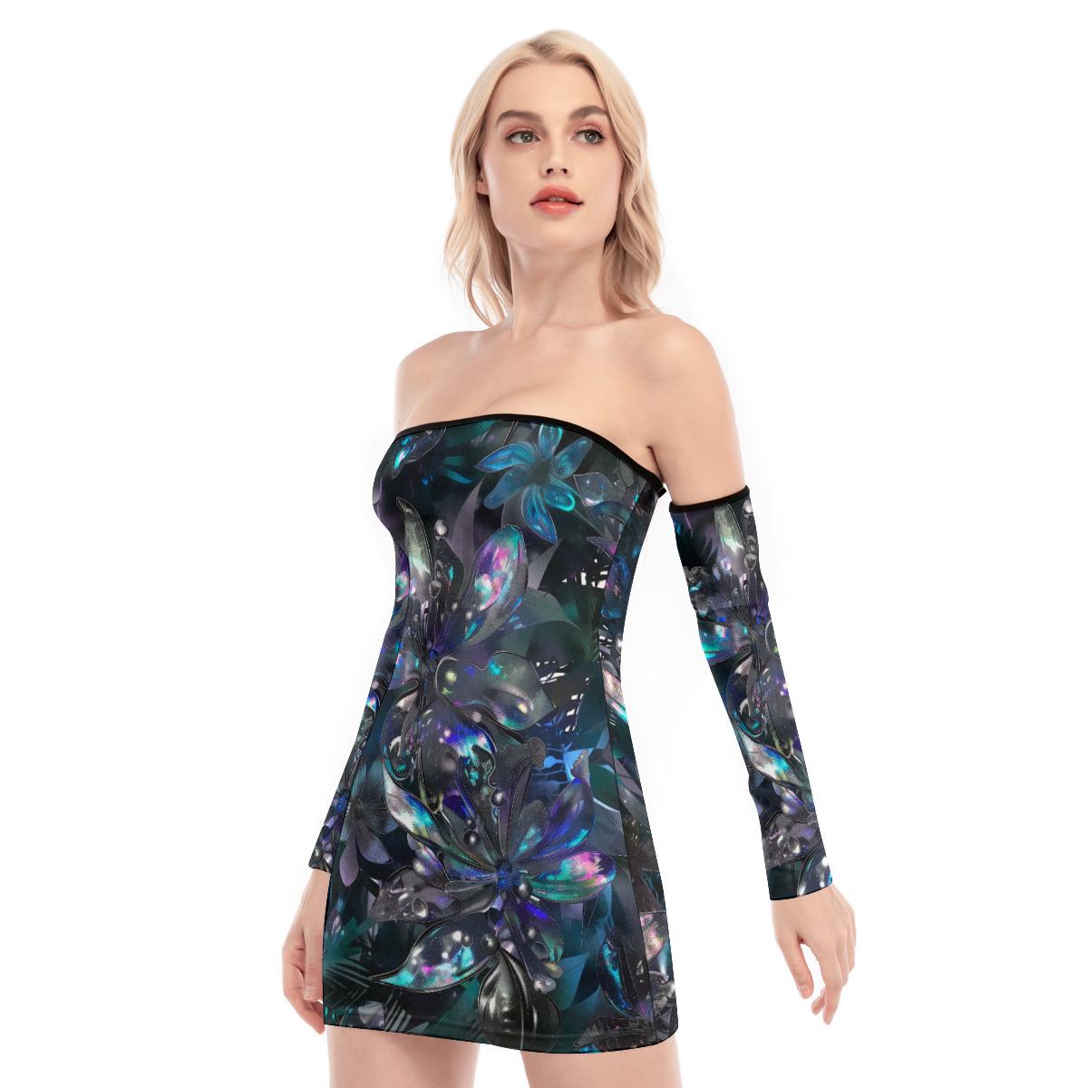 Cyber Floral Lace-Up Back Rave Dress – Off-Shoulder Metallic Mesh Bodycon – Techwear Festival Club Outfit for Women