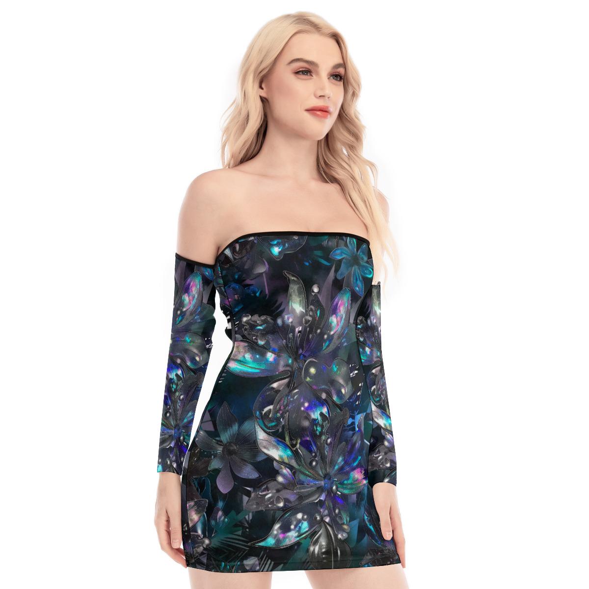 Cyber Floral Lace-Up Back Rave Dress – Off-Shoulder Metallic Mesh Bodycon – Techwear Festival Club Outfit for Women