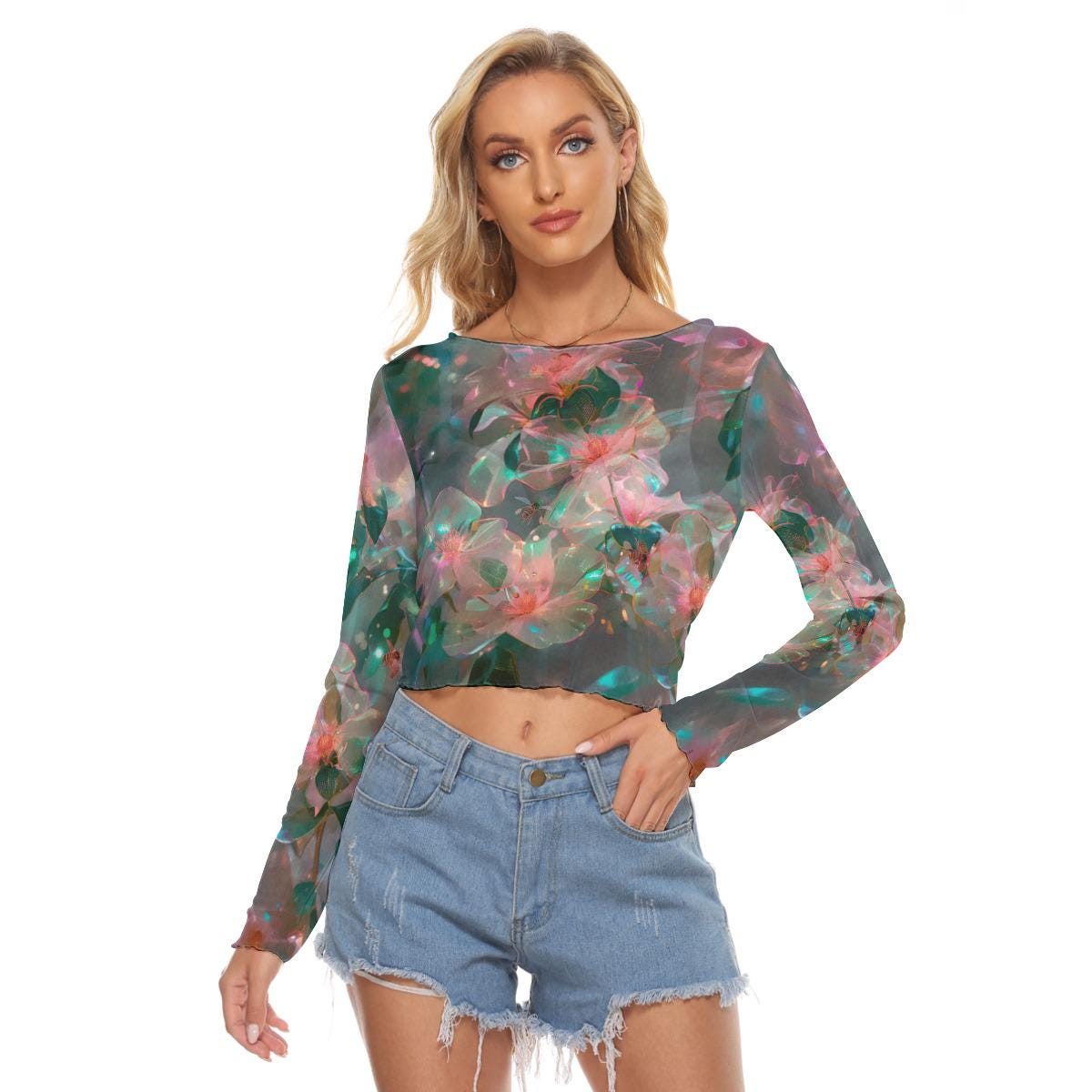 Holographic Bloom Mesh Crop Top β Sheer Floral Long Sleeve β Techno Garden Rave Shirt