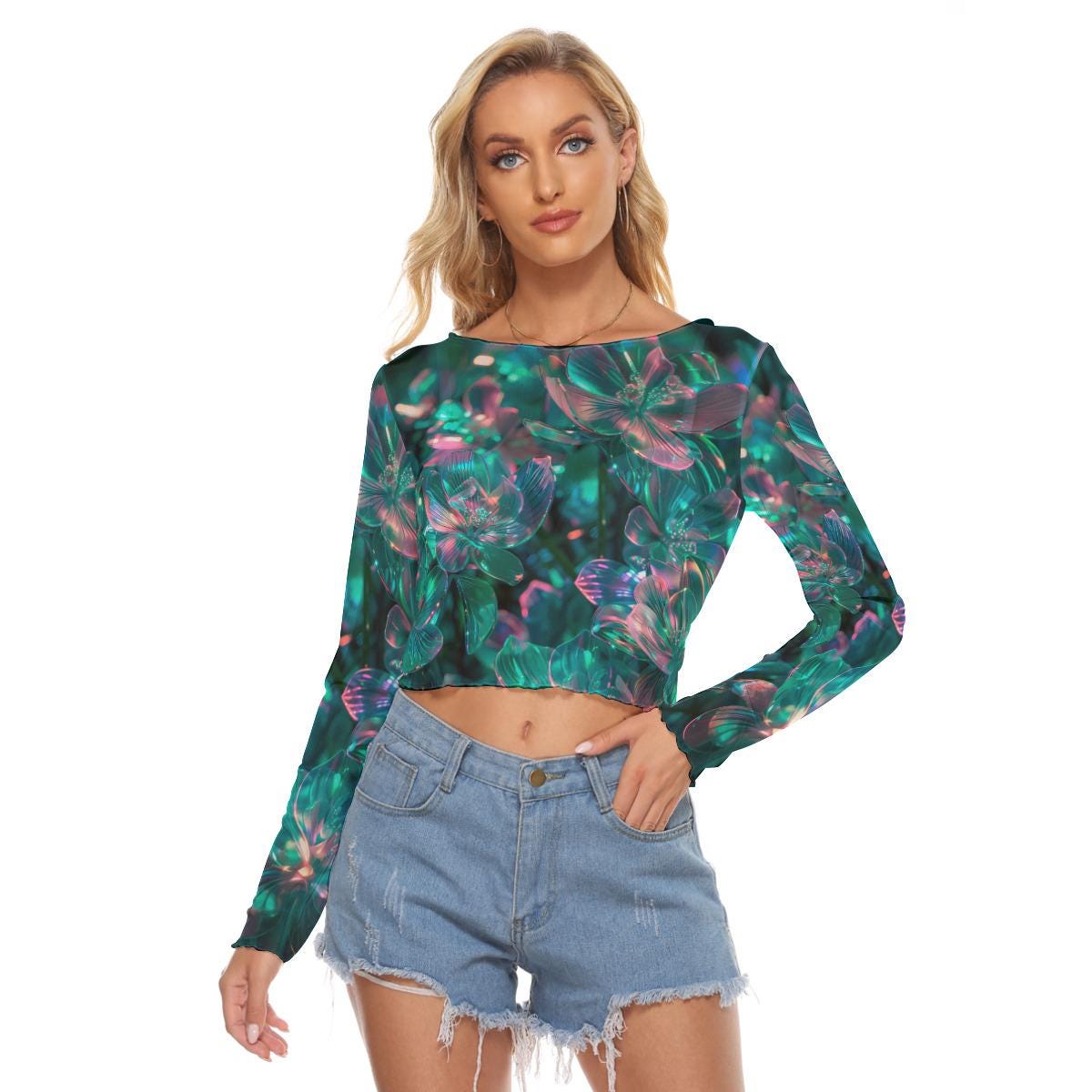 Holographic Floral Mesh Crop Top β Rave Clubwear Sheer Shirt β Neon Techno Fashion