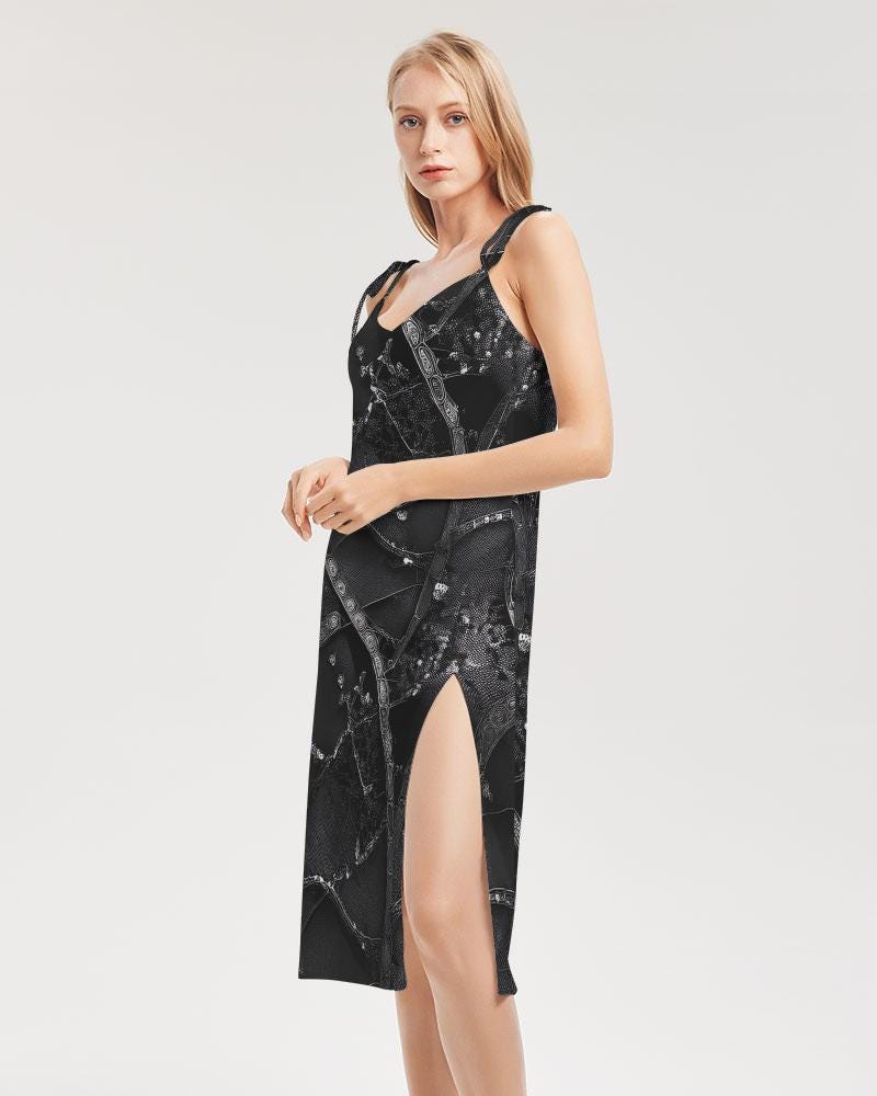 Womens Strap Split Dress, Dark Black Gothic Fashion, Minimal Techno Clubbing Dress, Unique Design Dress