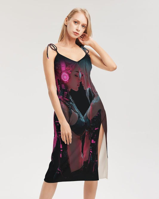 Ladies Tie Strap Split Dress, Trendy Streetwear, Cyberpunk  Kiss Rave Fashion, Evening Wear, Party Dress